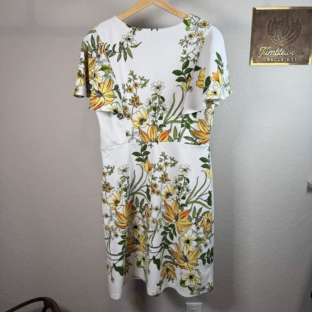 Enfocus Studio Womens Floral Sheath Dress White Yellow‎ Flutter Sleeve Size 12 - Picture 8 of 9